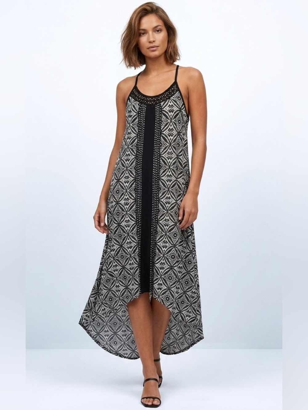 Lucky Brand Black & White Halter Patterned Maxi Dress Size Medium